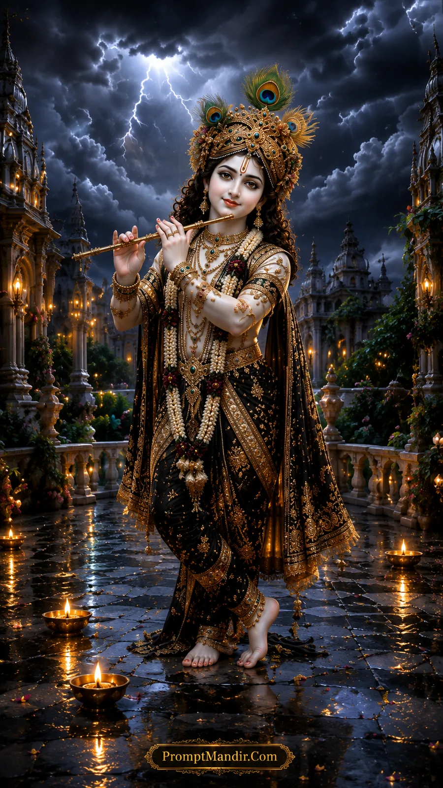 Lord Krishna in elegant black attire beneath dramatic storm clouds with glowing temple lamps