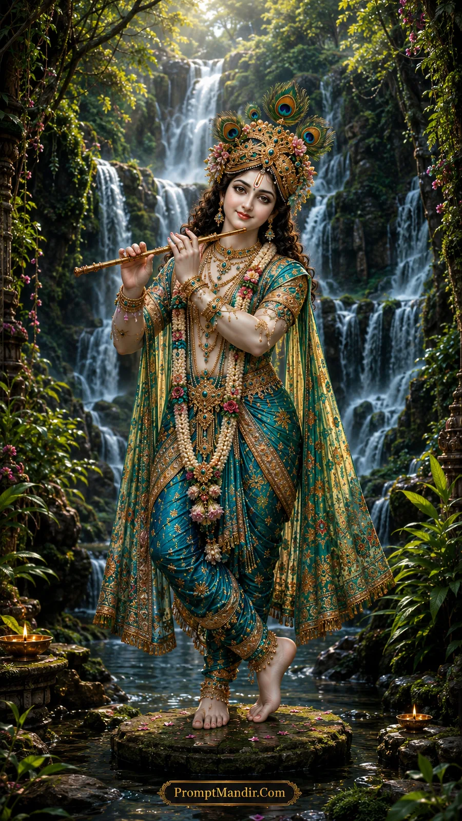 Lord Krishna in turquoise attire beside cascading waterfalls surrounded by lush green forest