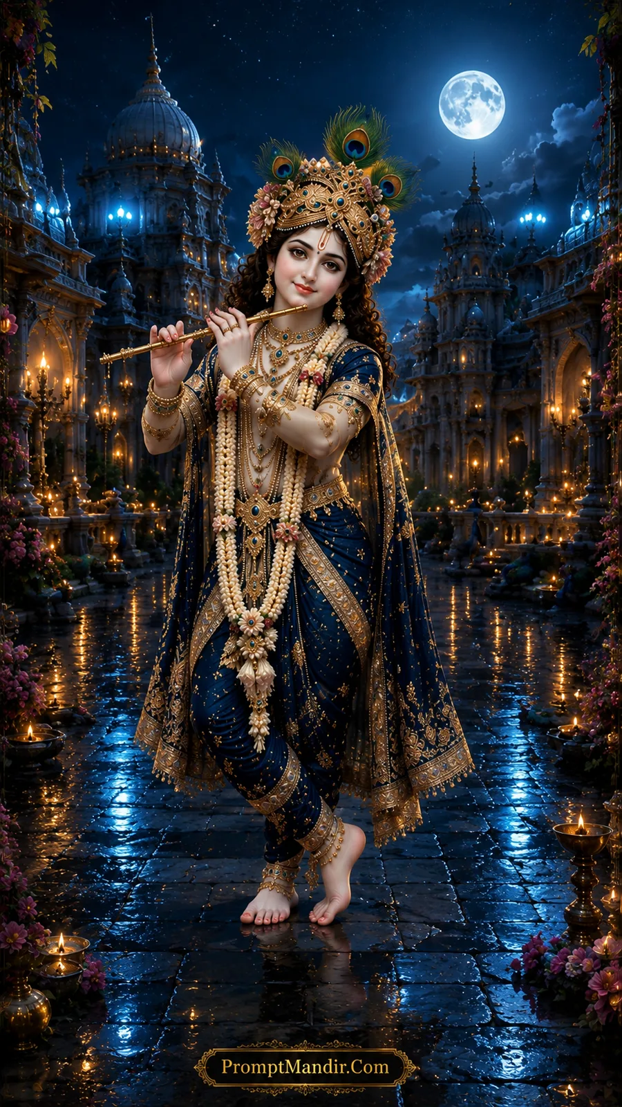 Lord Krishna in royal blue attire beneath glowing full moon above majestic temple courtyard