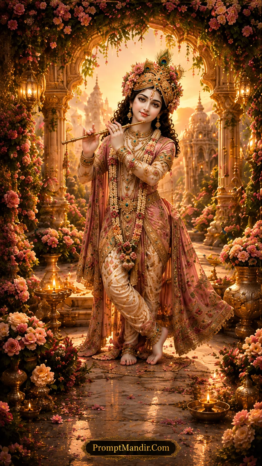 Lord Krishna in soft pink attire beneath blooming floral arch with golden temple background