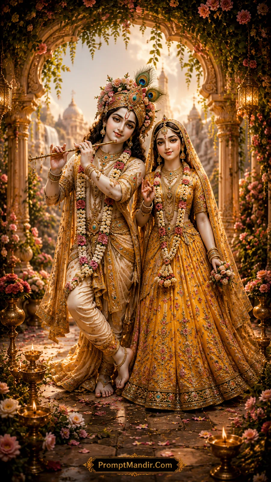 Divine Radha and Lord Krishna beneath a blooming floral arch in golden temple surroundings