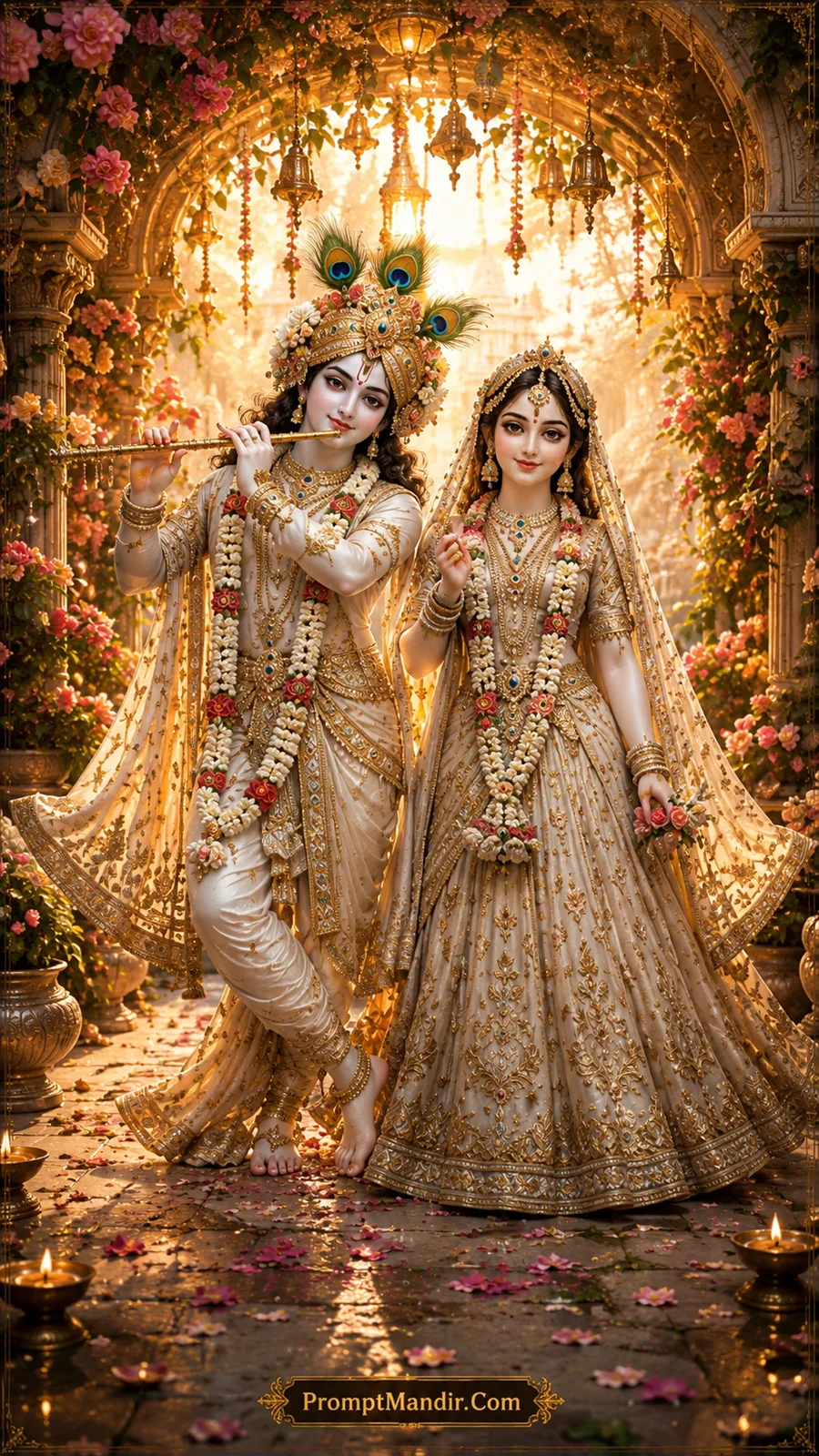 Elegant Radha and Krishna in ivory attire beneath ornate temple bells and floral canopy