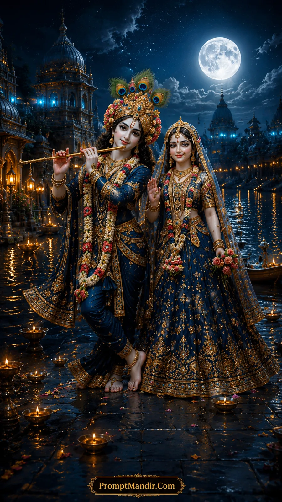 Moonlit Radha and Lord Krishna in royal blue attire beside glowing temple waters
