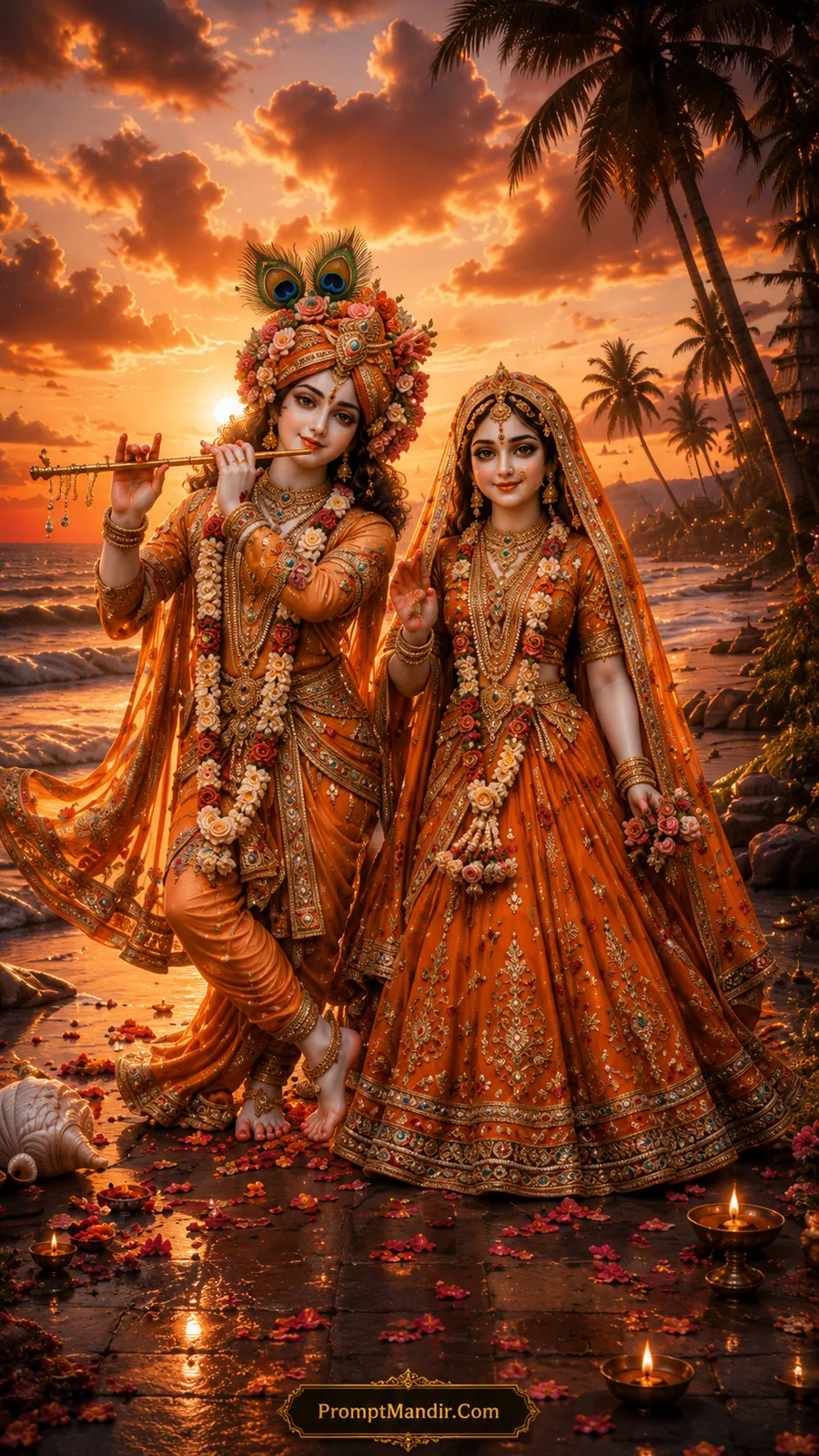 Radha and Lord Krishna in vibrant orange attire beside a glowing tropical sunset beach