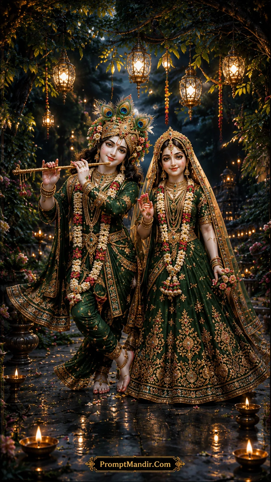 Lord Krishna and Radha in emerald green attire beneath glowing forest lanterns at night