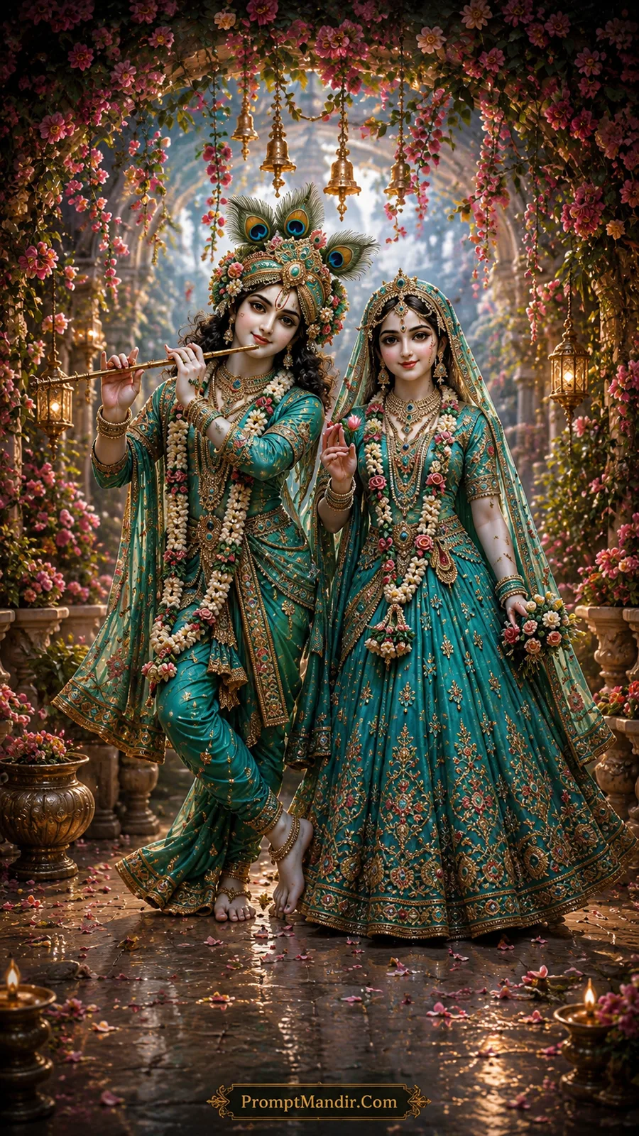 Graceful Radha and Krishna in turquoise attire beneath blooming floral temple arches