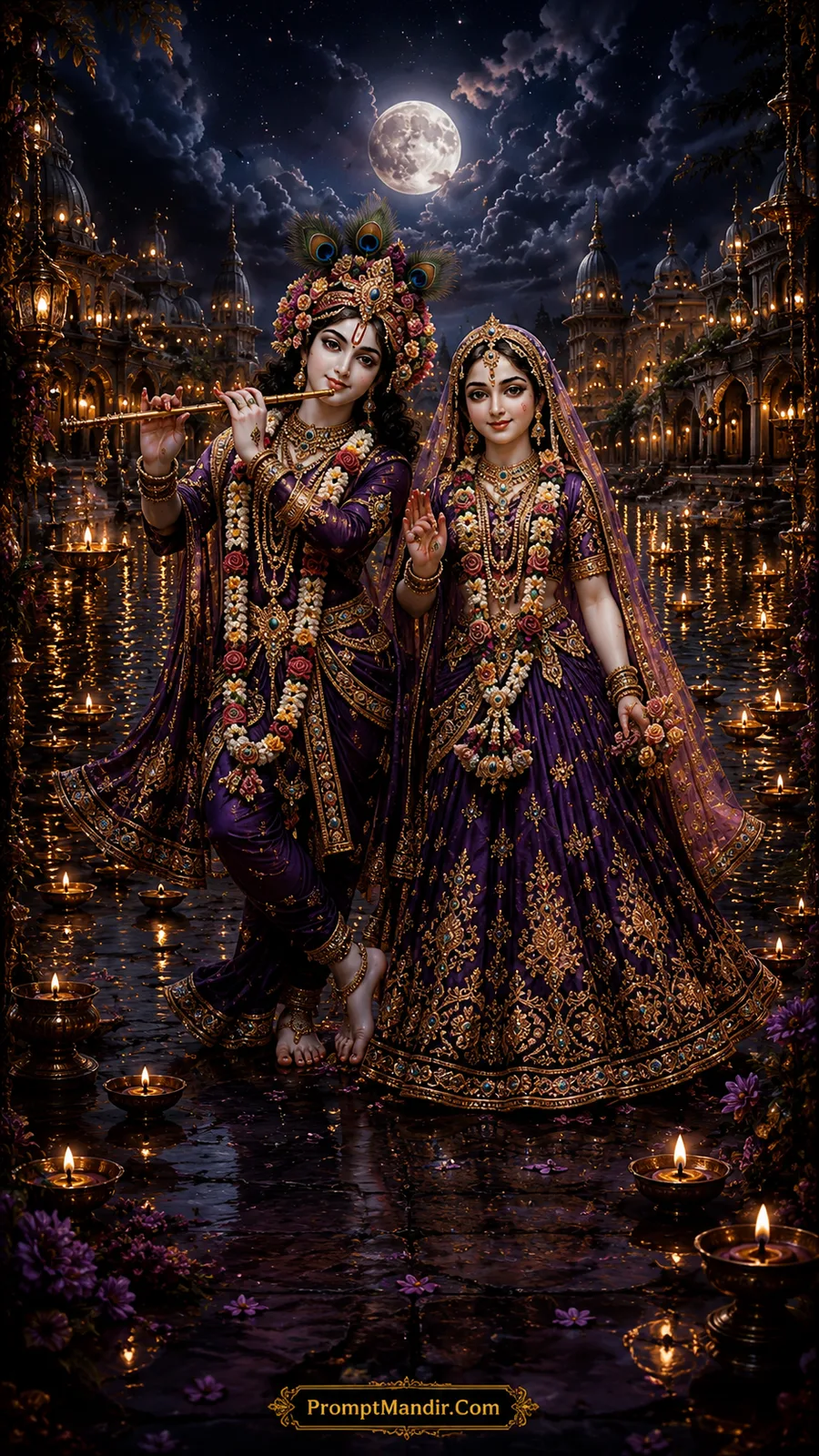 Royal purple Radha and Lord Krishna beneath a glowing full moon temple courtyard