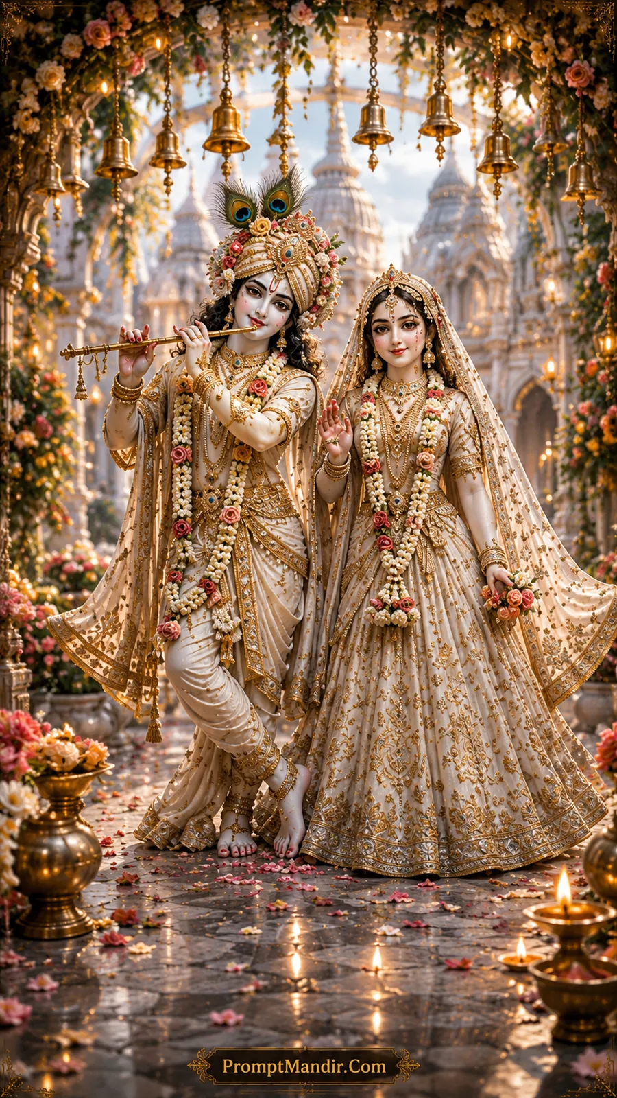 Ivory Radha and Krishna beneath grand temple bells with elegant floral decorations