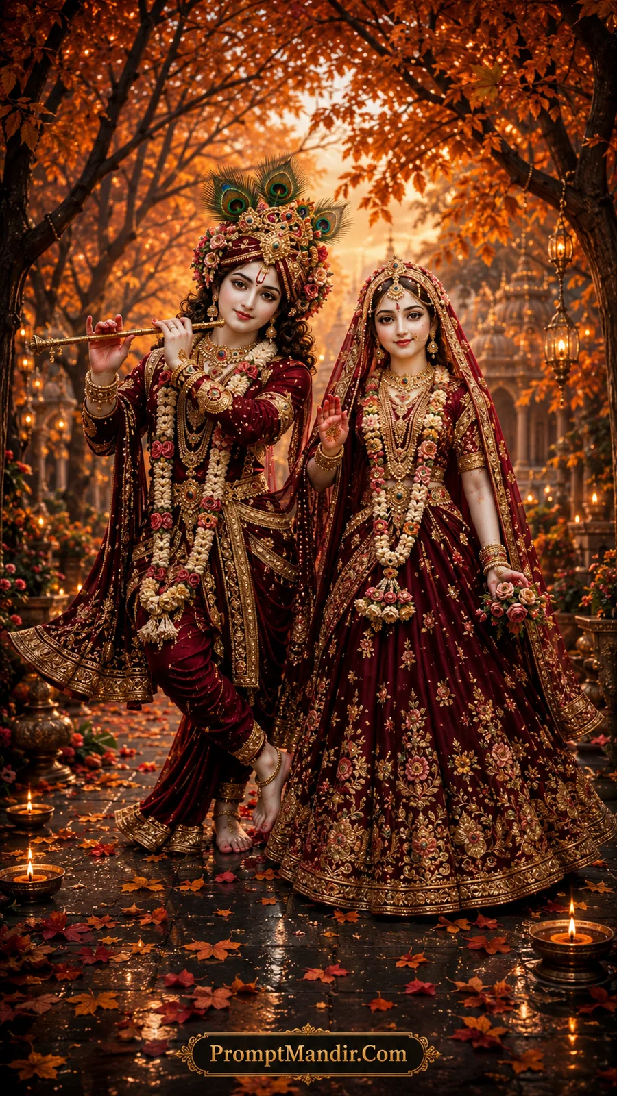Radha and Lord Krishna in royal maroon attire surrounded by glowing autumn leaves