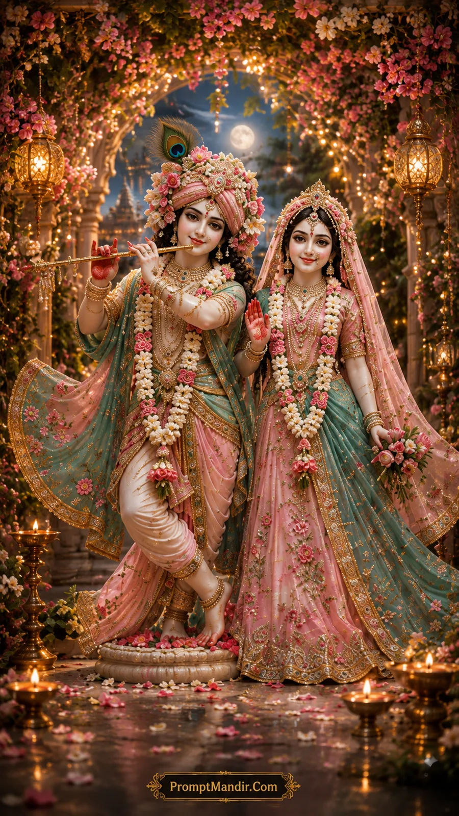 Pastel pink and mint Radha Krishna beneath a floral arch with glowing evening lights