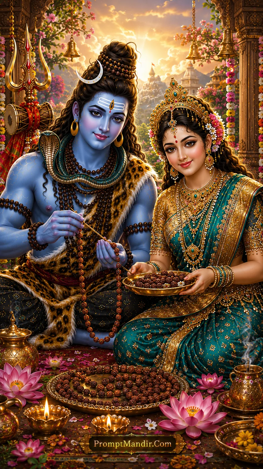 Shiva Parvati daily life AI art prompt with rudraksha bead preparation in a floral temple