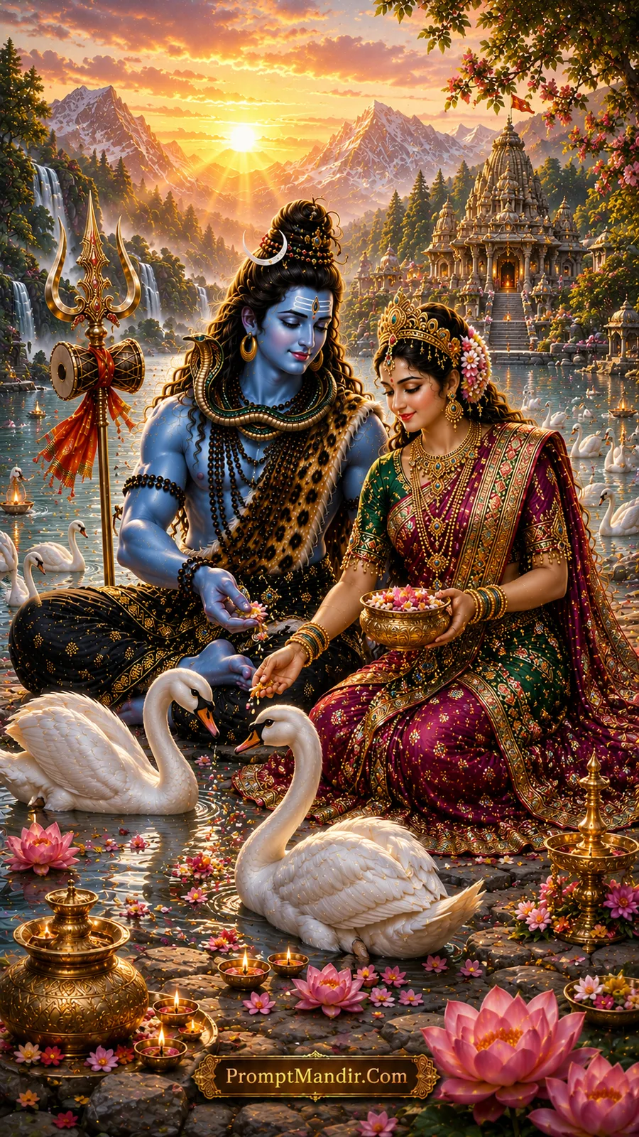 Shiva Parvati daily life AI prompt feeding swans beside a celestial lake temple
