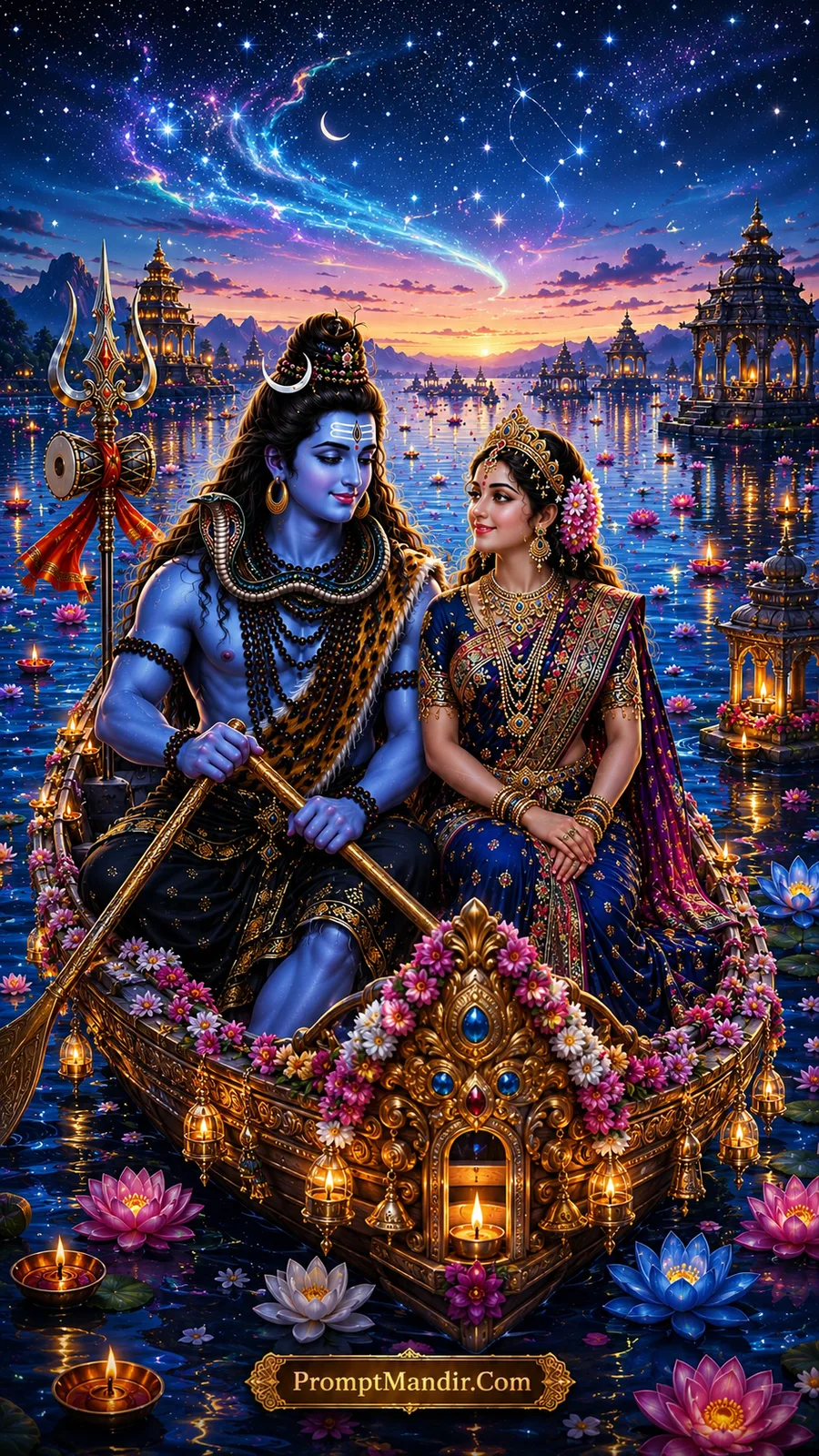 Shiva Parvati daily life AI art prompt on a moonlit lotus boat journey