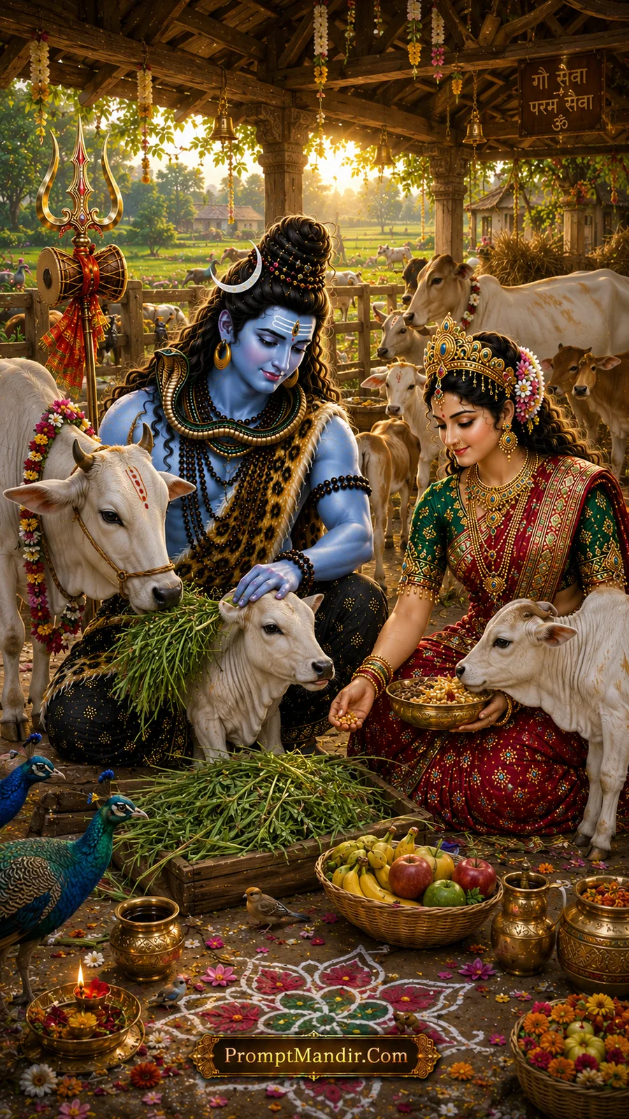 Shiva Parvati daily life AI prompt caring for cows in a village goshala