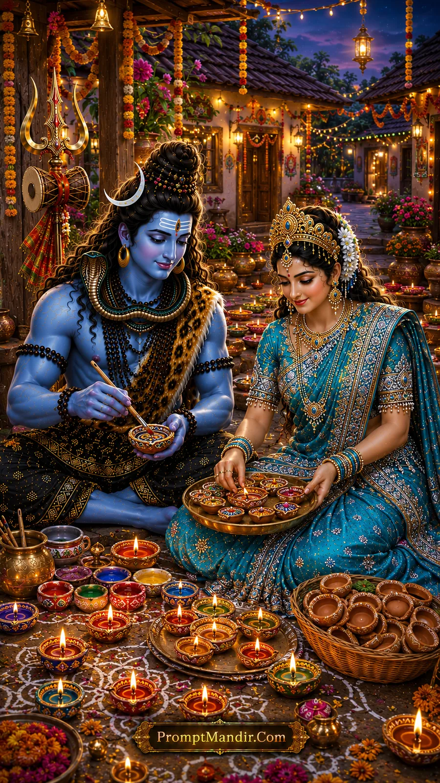 Shiva Parvati daily life AI art prompt decorating diyas during a festive evening