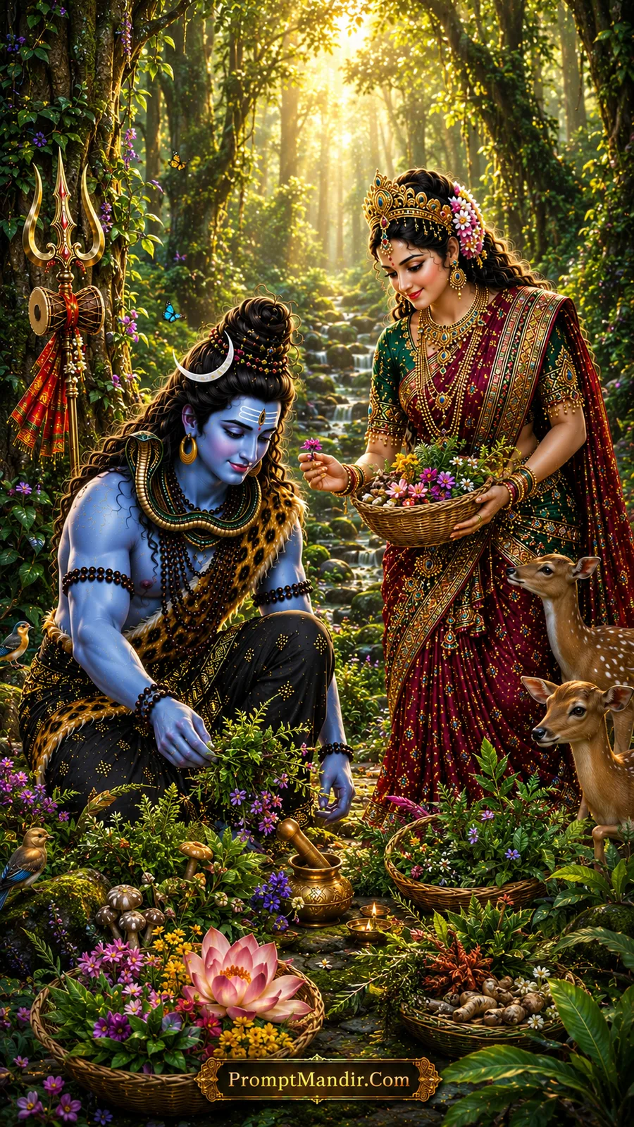 Shiva Parvati daily life AI prompt collecting herbs and flowers in a sacred forest
