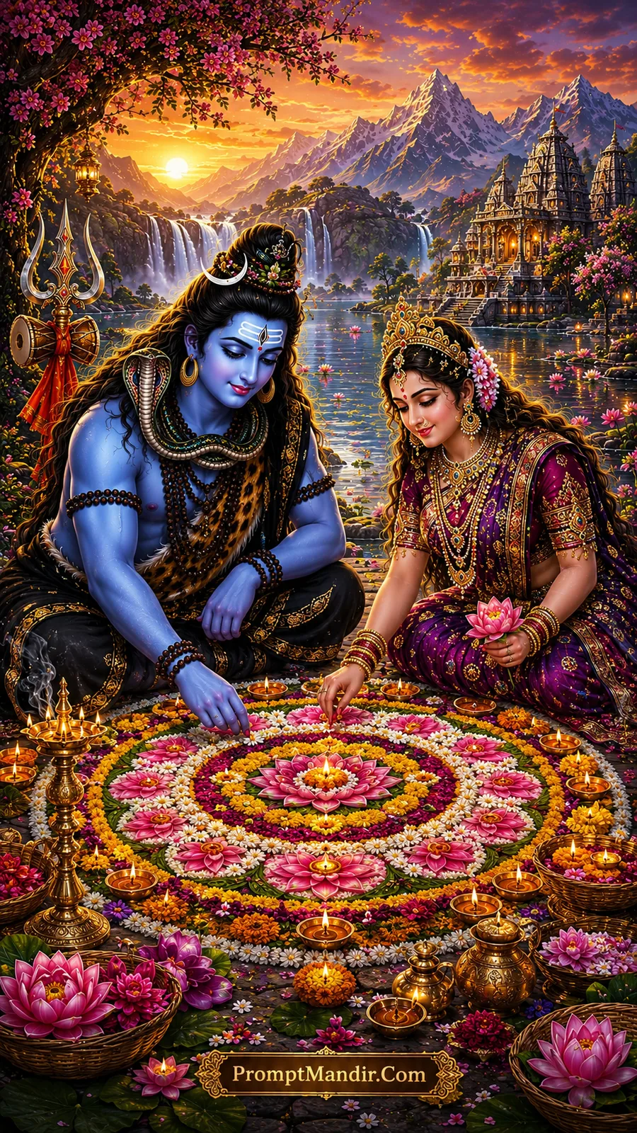 Shiva Parvati daily life AI art prompt creating a floral rangoli beside a temple lake