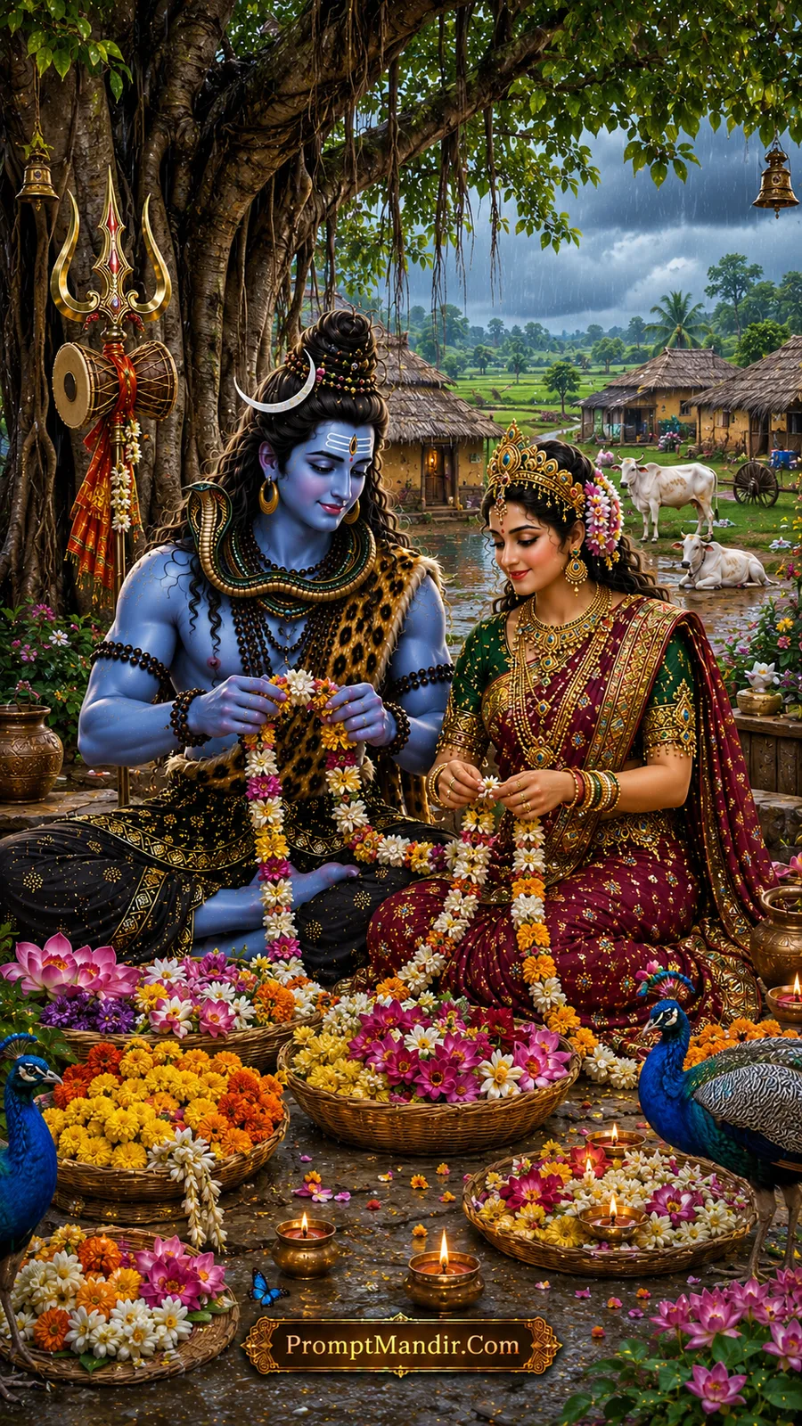 Shiva Parvati daily life AI prompt making flower garlands during monsoon season