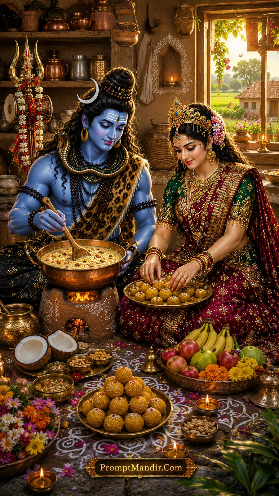 Shiva Parvati daily life AI art prompt preparing traditional sweets in a rustic home