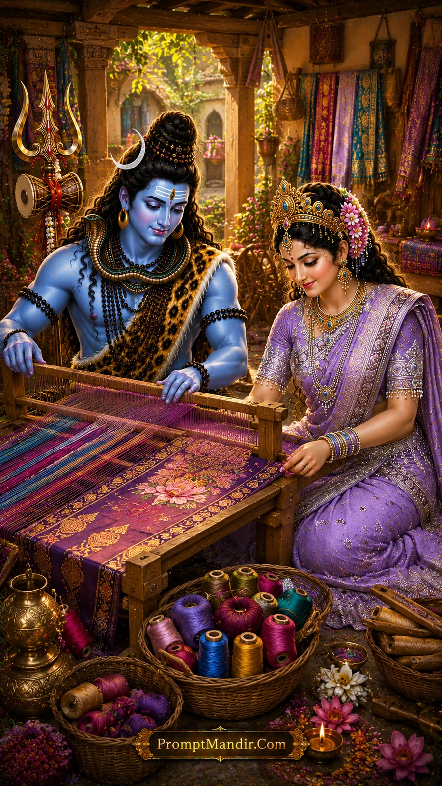 Shiva Parvati daily life AI prompt weaving traditional fabric on a handloom