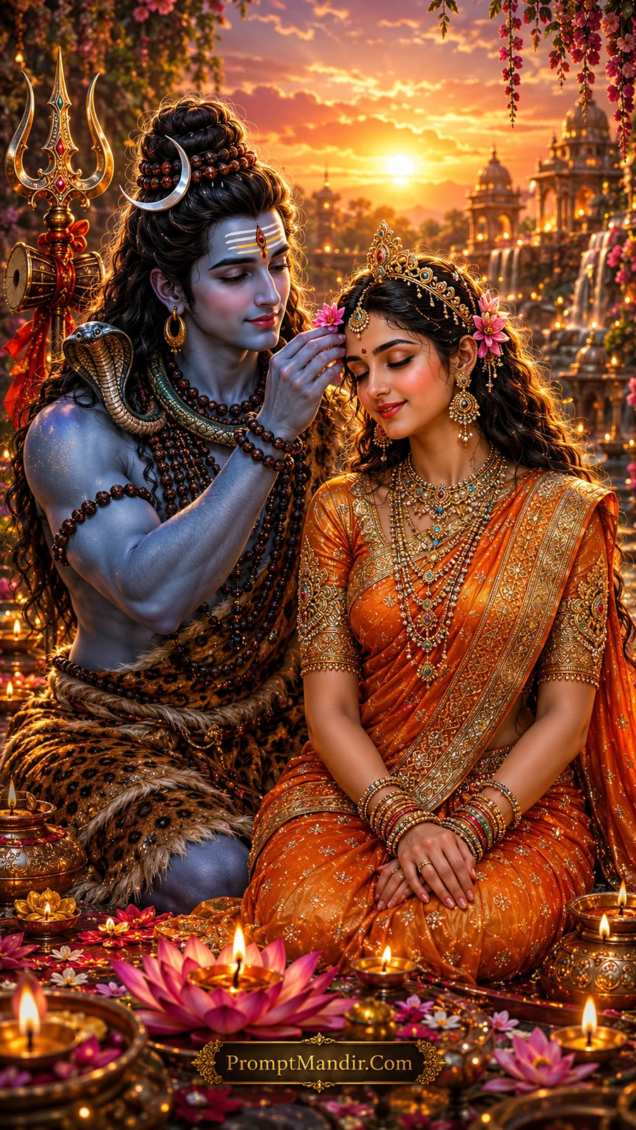 Shiva placing flower in Parvati hair sunset AI art prompt