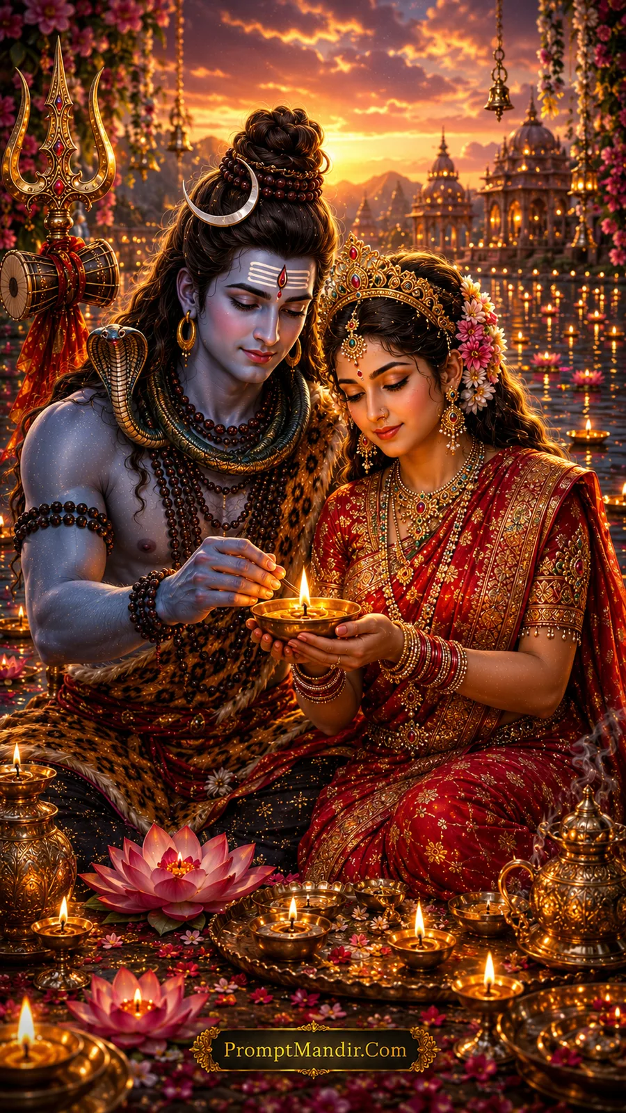 Shiva Parvati diya ceremony beside sacred waters AI art prompt