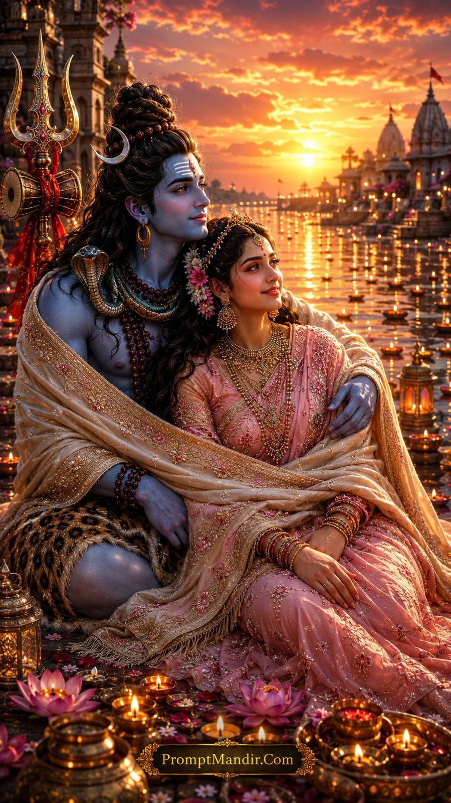 Shiva Parvati embracing at golden riverfront sunset AI art prompt