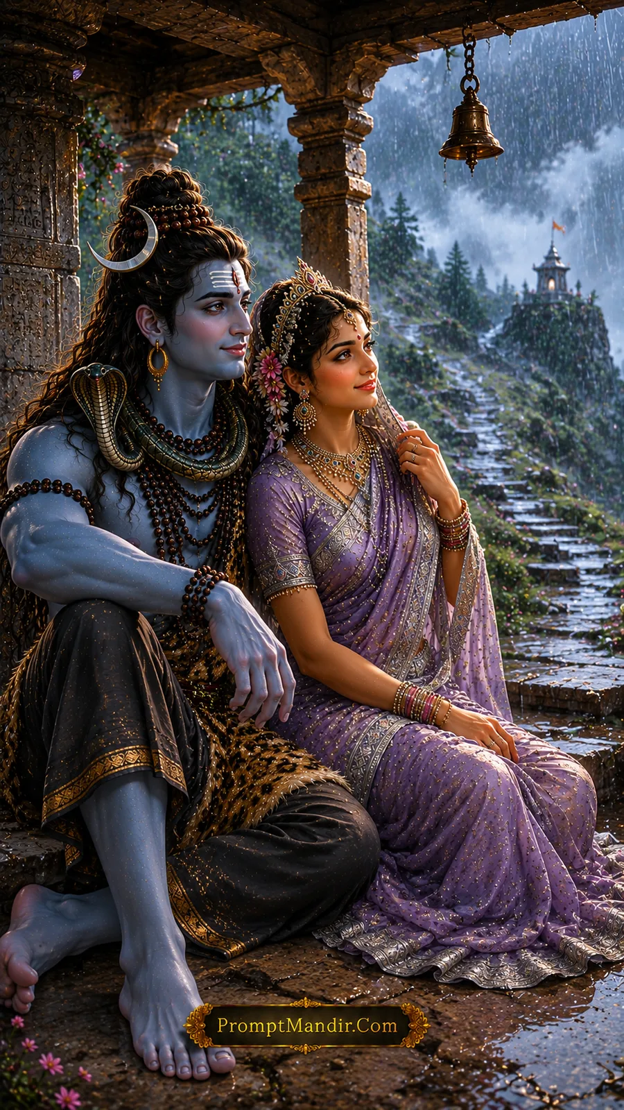 Shiva Parvati monsoon temple retreat AI art prompt