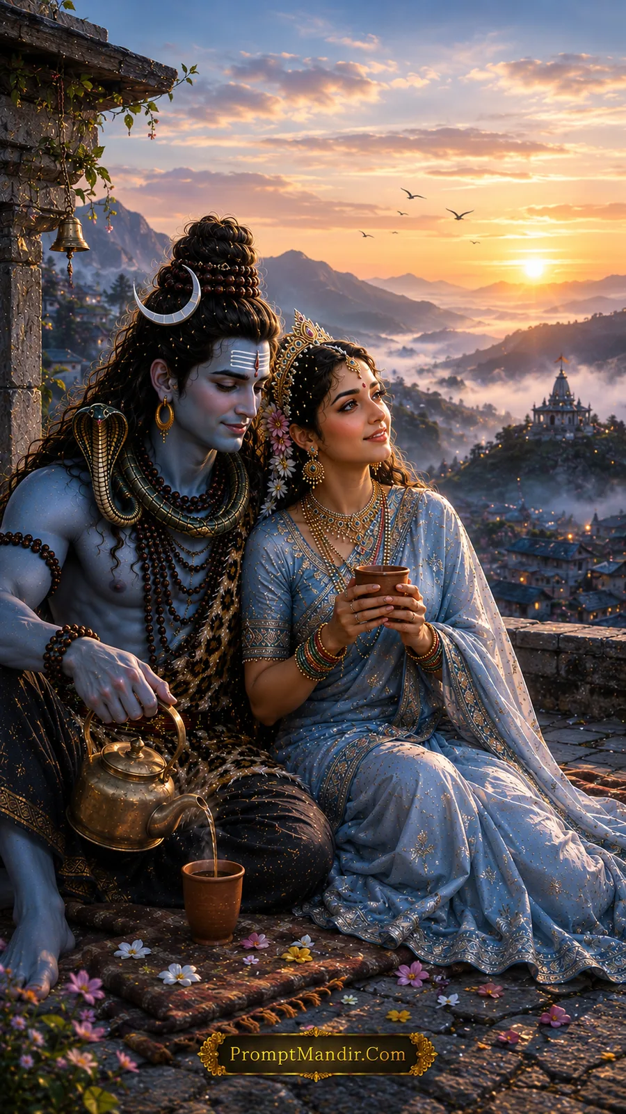 Shiva Parvati Himalayan sunrise tea moment AI art prompt