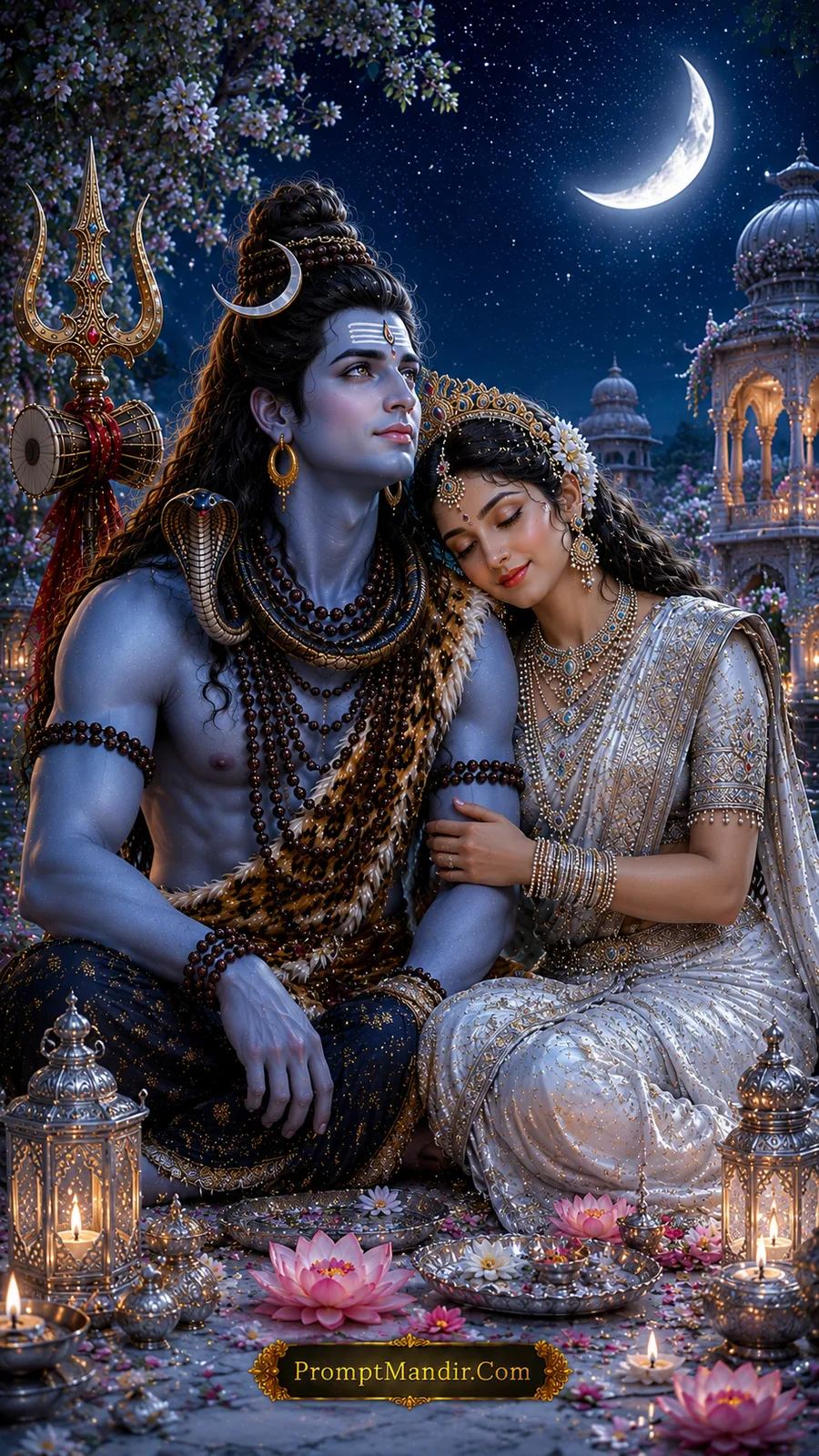Shiva Parvati moonlit devotional garden AI art prompt