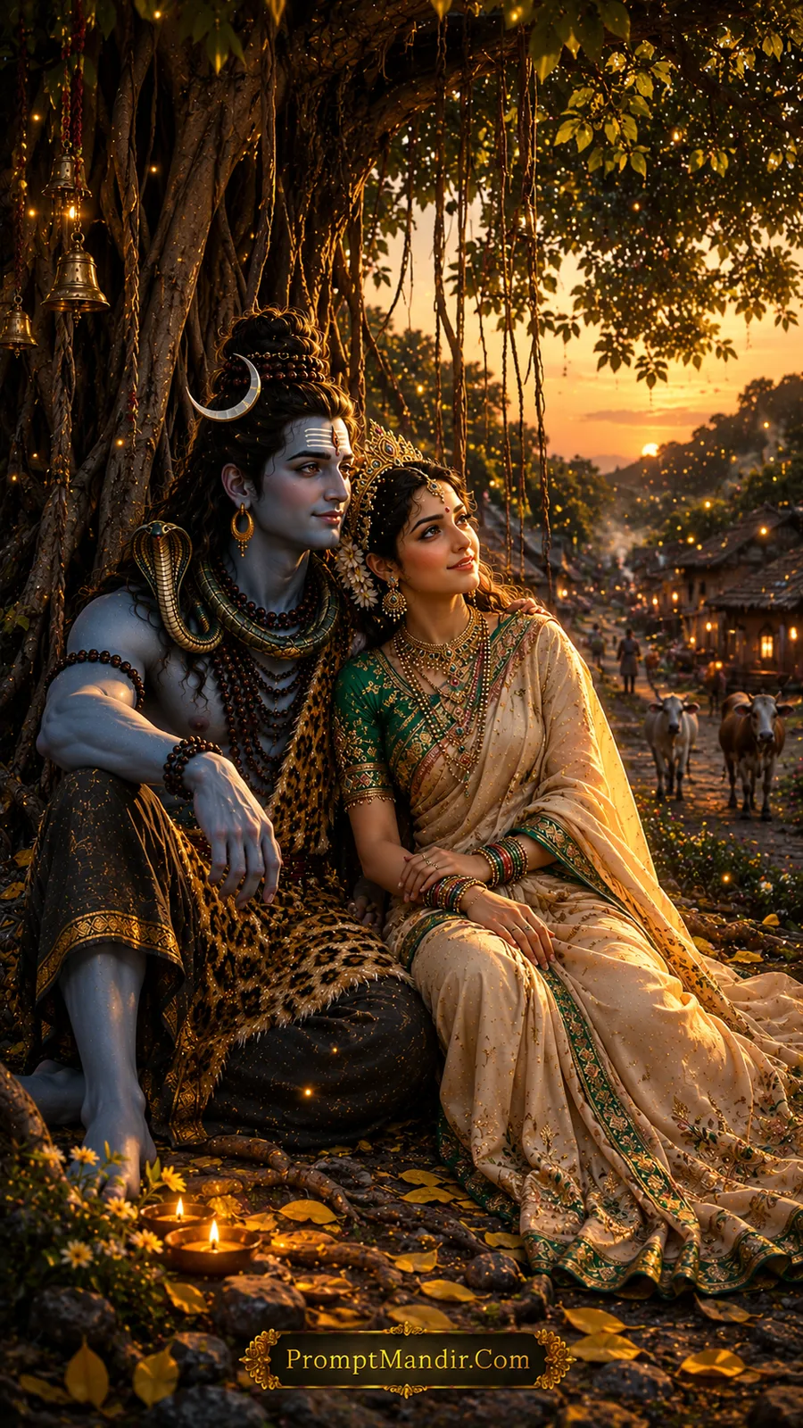 Shiva Parvati banyan tree village evening AI art prompt