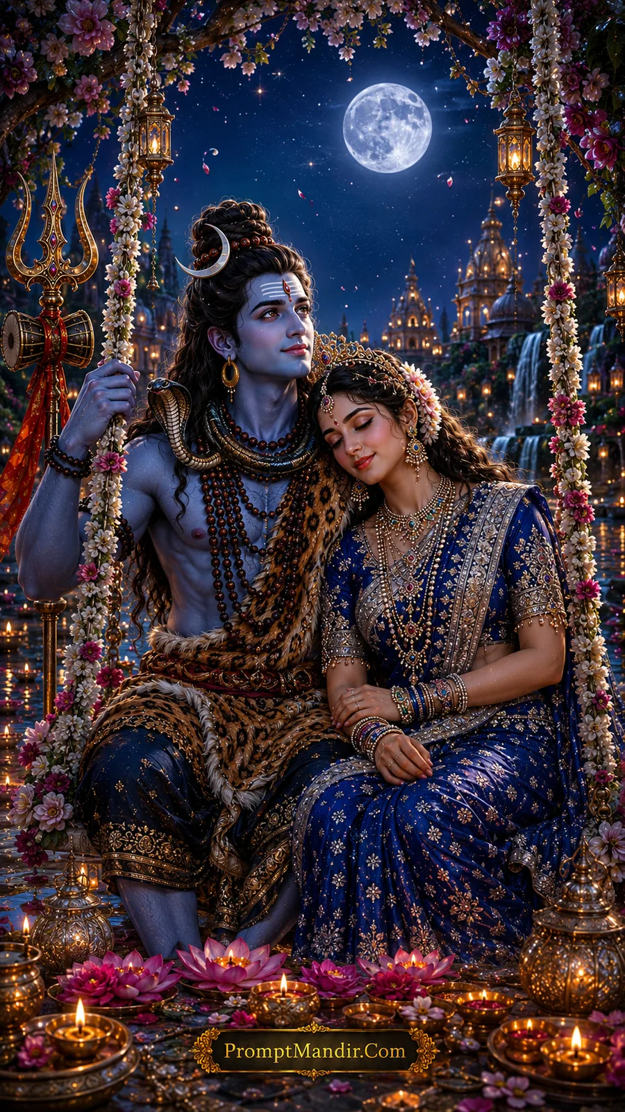 Shiva Parvati moonlit floral swing AI art prompt