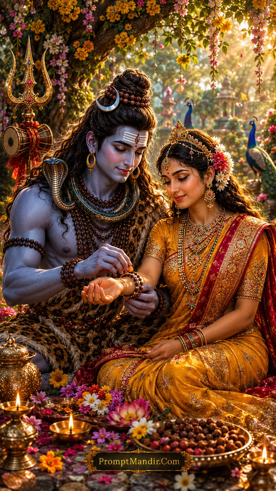 Shiva tying rudraksha bracelet to Parvati AI art prompt