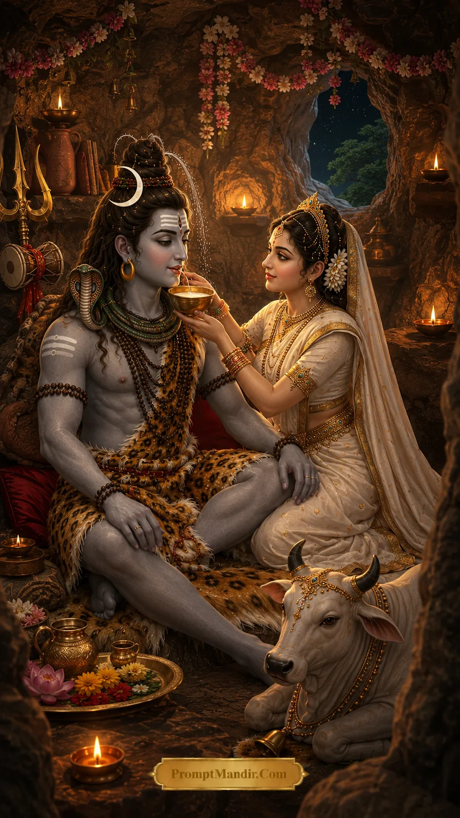 Shiva Parvati divine devotion sacred cave offering AI art prompt