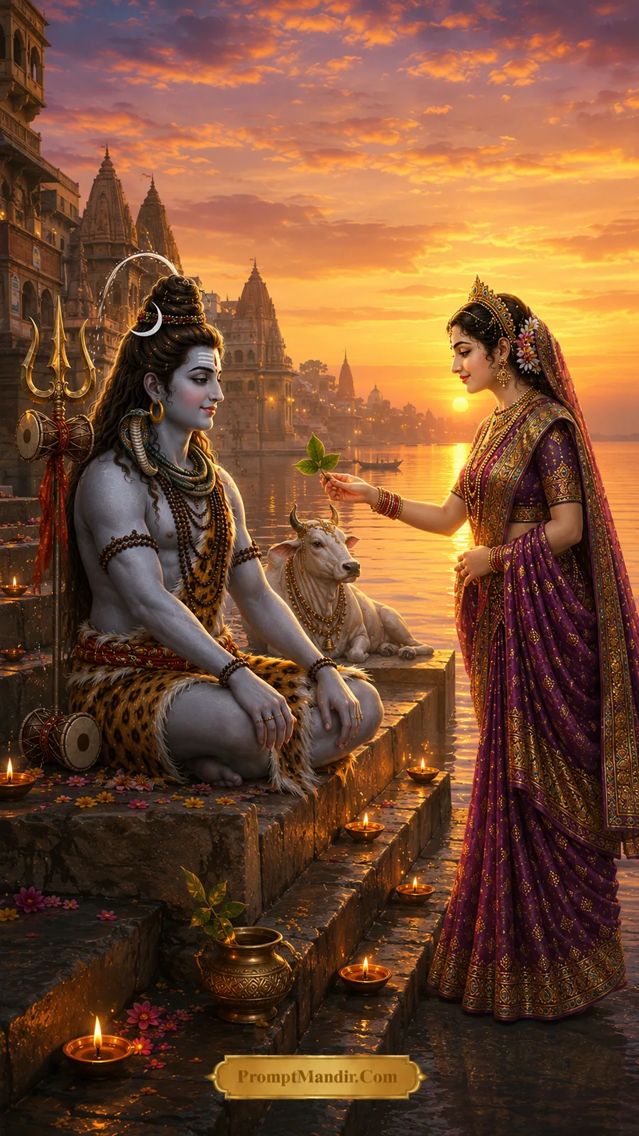 Shiva Parvati divine devotion riverside sunset blessing AI prompt