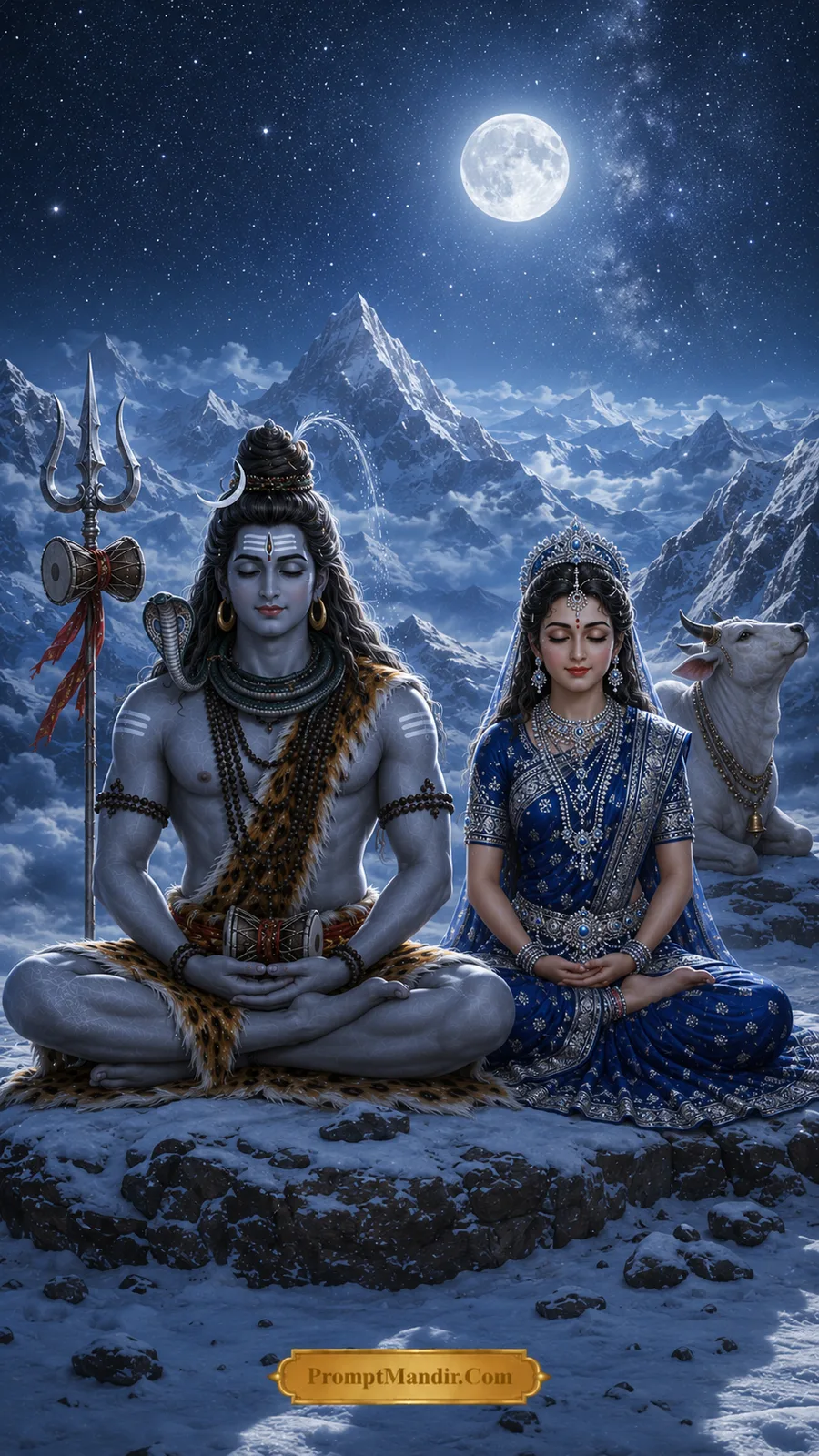 Shiva Parvati divine devotion moonlit Kailash meditation AI art