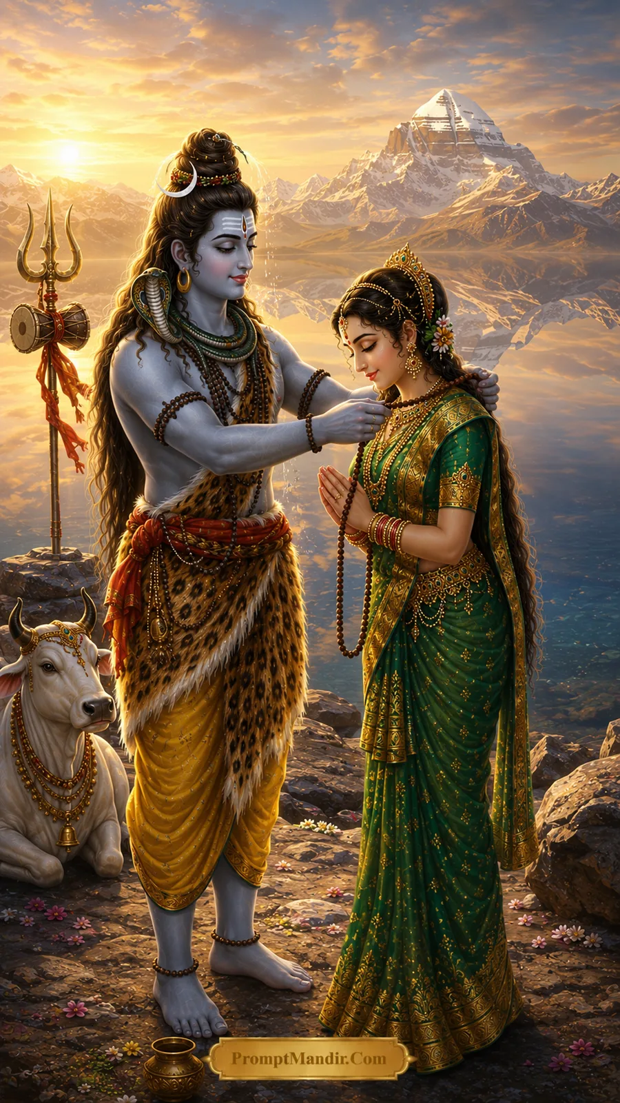 Shiva Parvati divine devotion Kailash blessing ceremony AI prompt