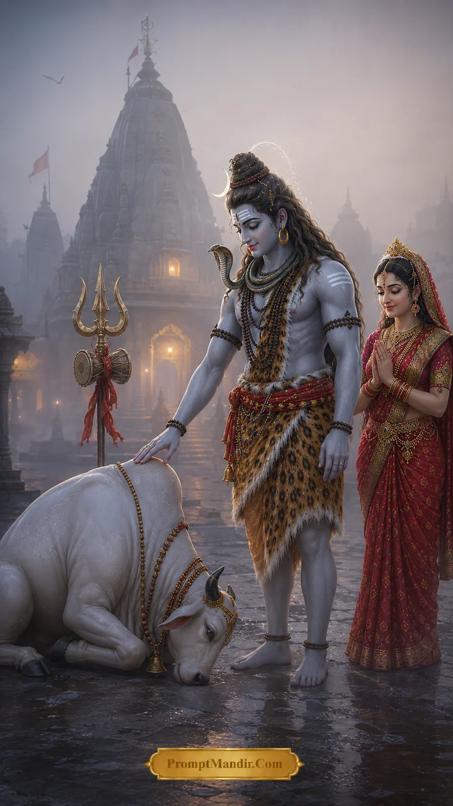 Shiva Parvati divine devotion temple courtyard sacred cow AI prompt