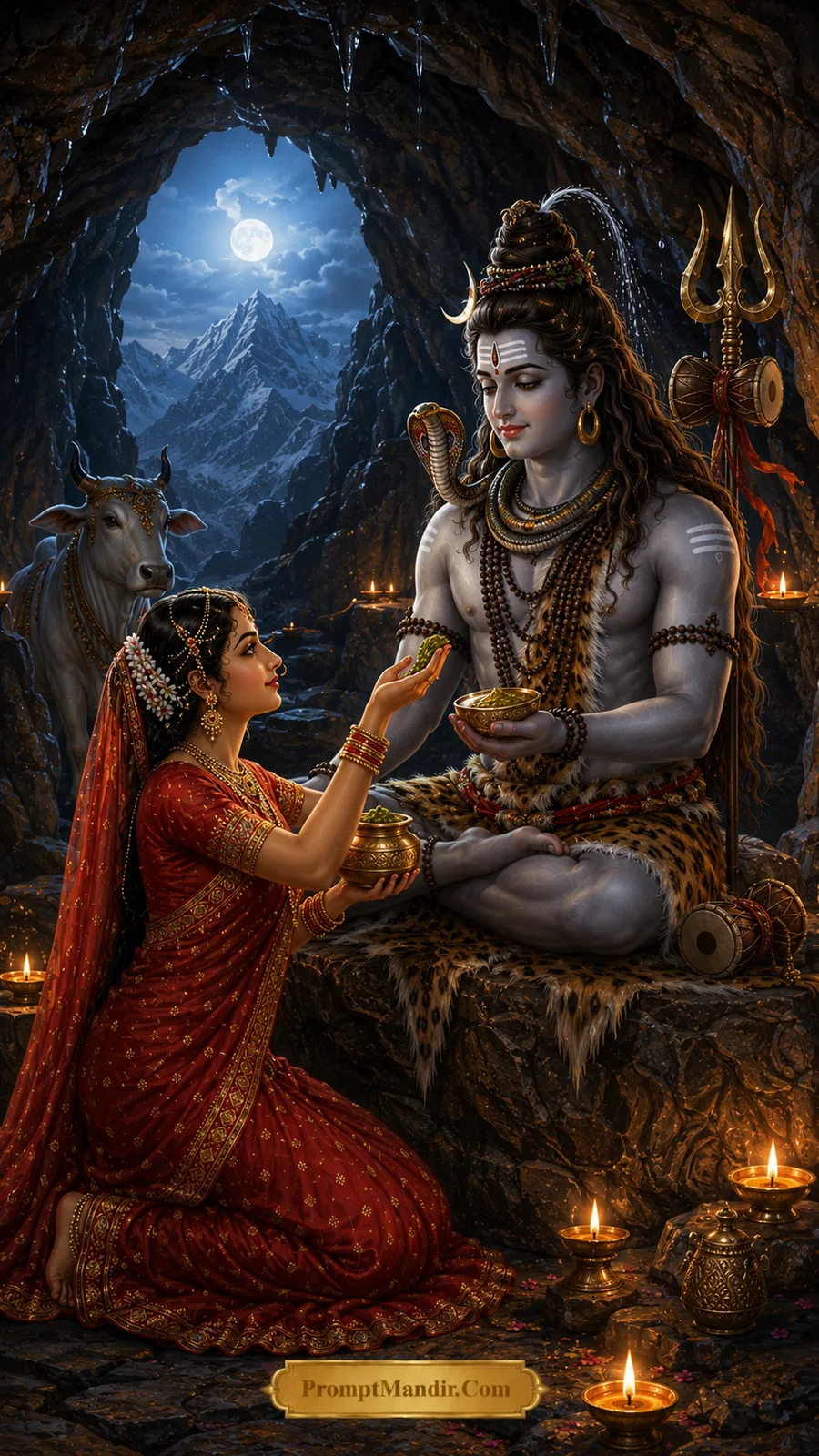 Shiva Parvati divine devotion moonlit cave prasad offering AI prompt
