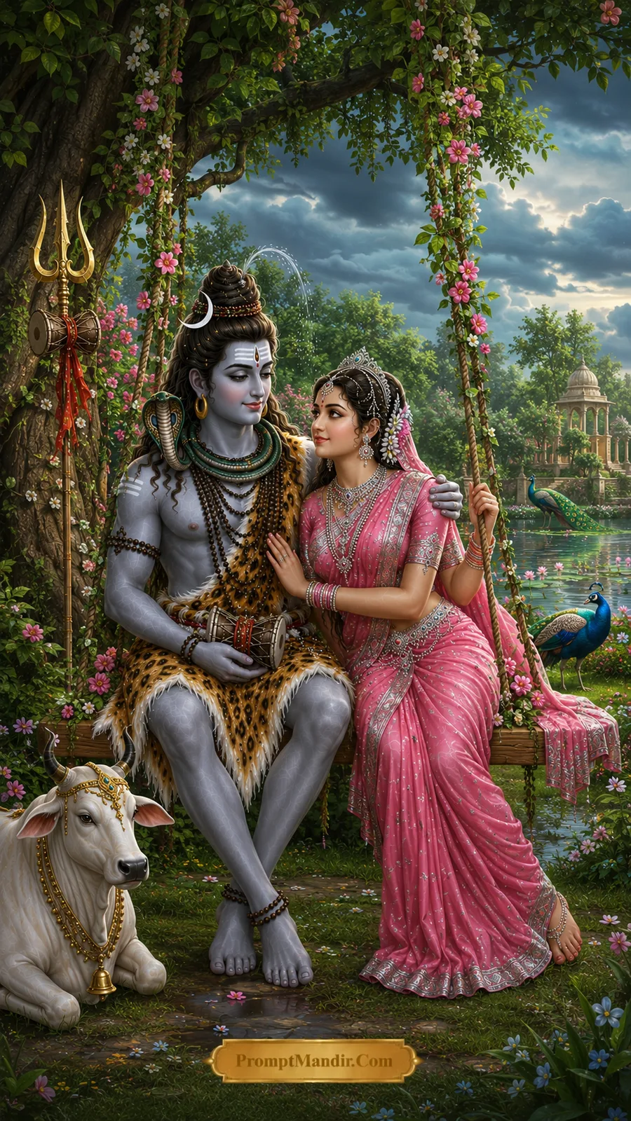 Shiva Parvati divine devotion floral garden swing AI prompt