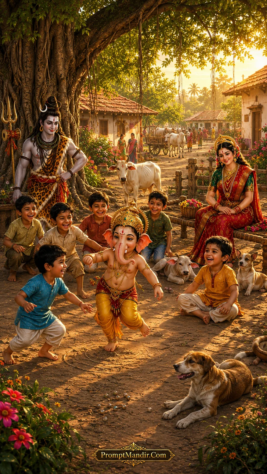 Shiva Parvati Ganesh village life scene with children playing beneath a banyan tree