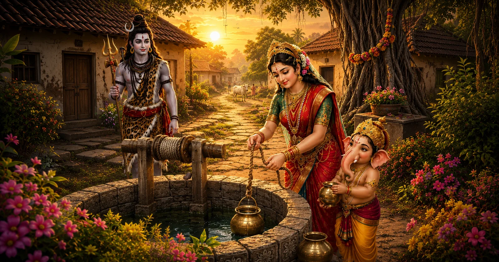 Shiva Parvati Ganesh Village Life