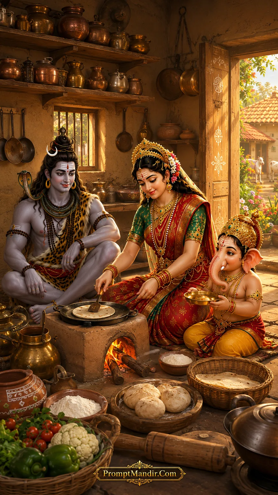 Shiva Parvati Ganesh village kitchen AI art prompt preparing traditional food