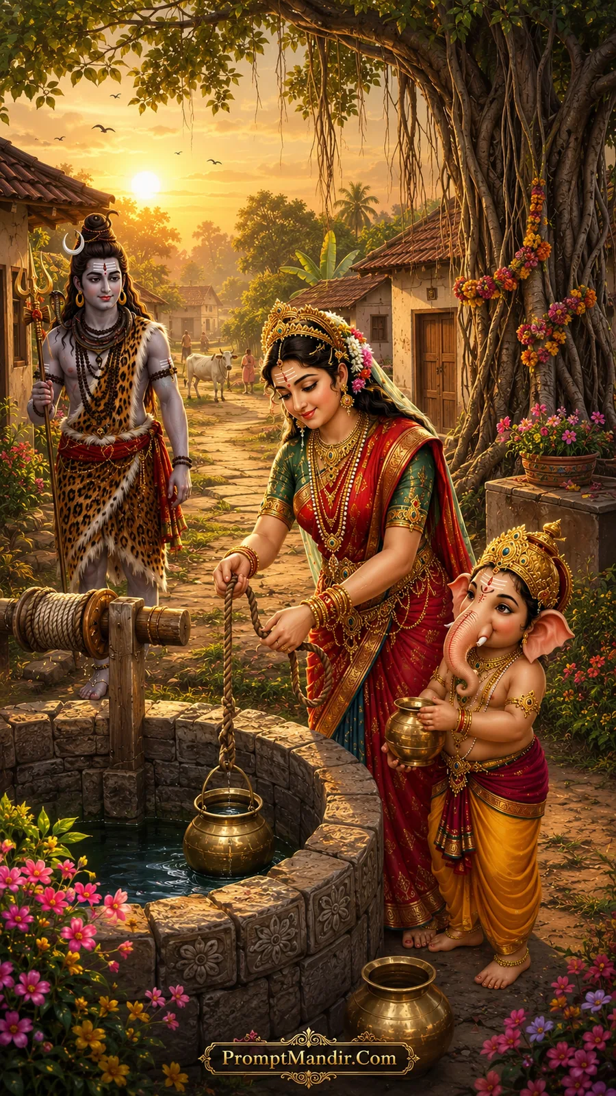 Shiva Parvati Ganesh village well water collection cinematic AI prompt