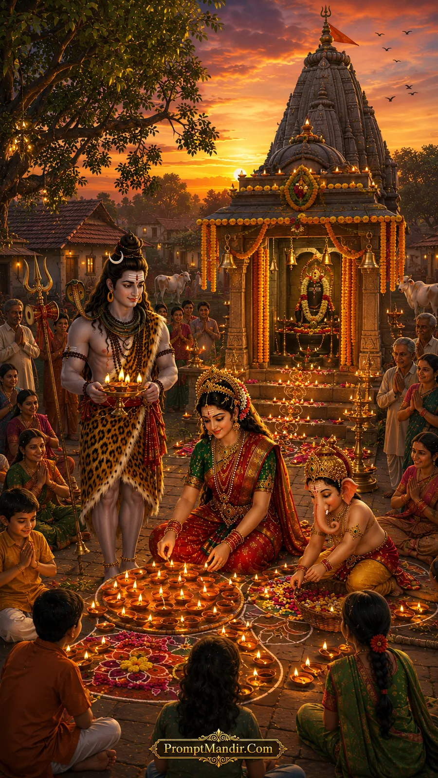 Shiva Parvati Ganesh temple festival village life AI prompt