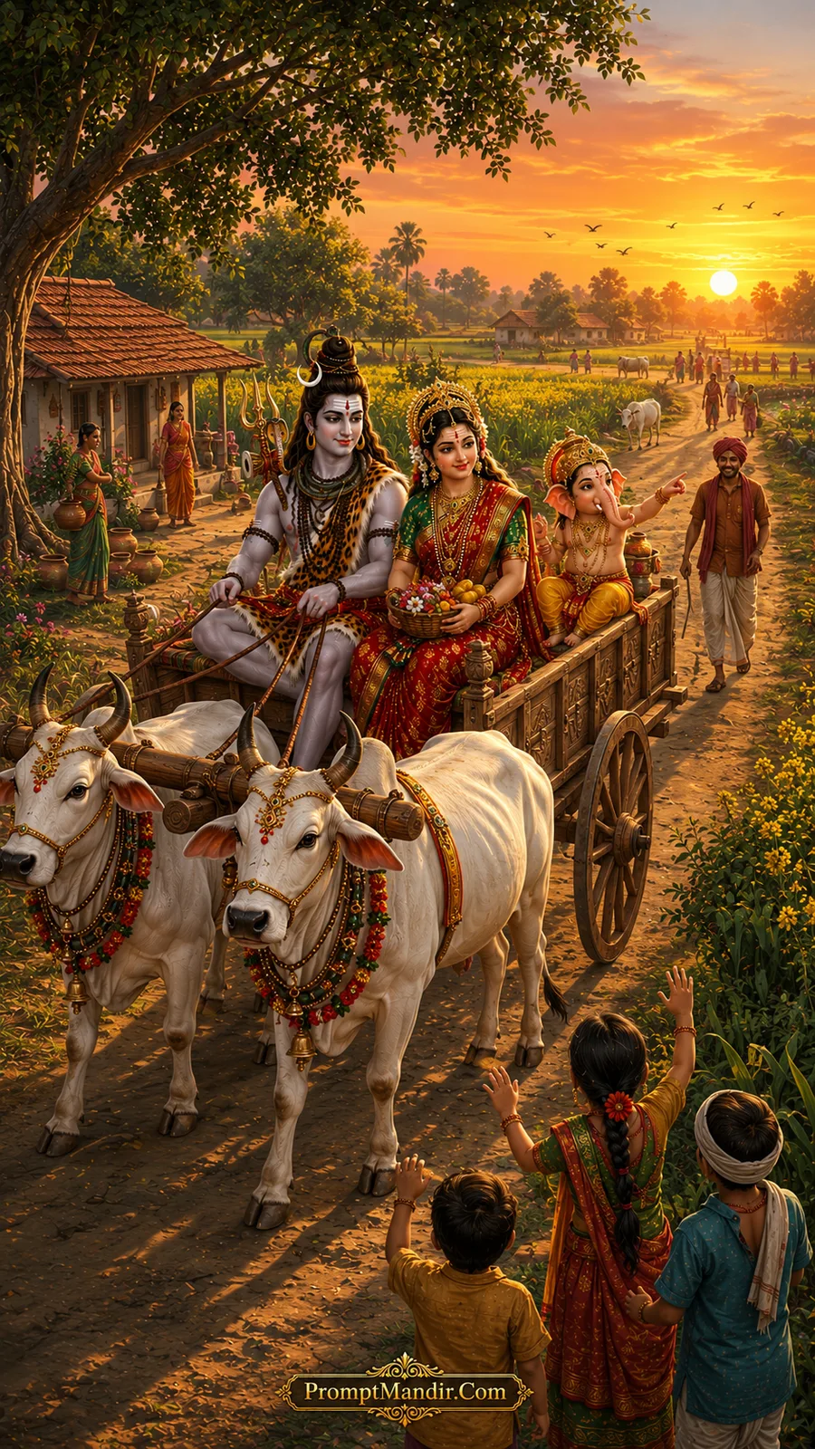 Shiva Parvati Ganesh bullock cart journey through village fields AI art