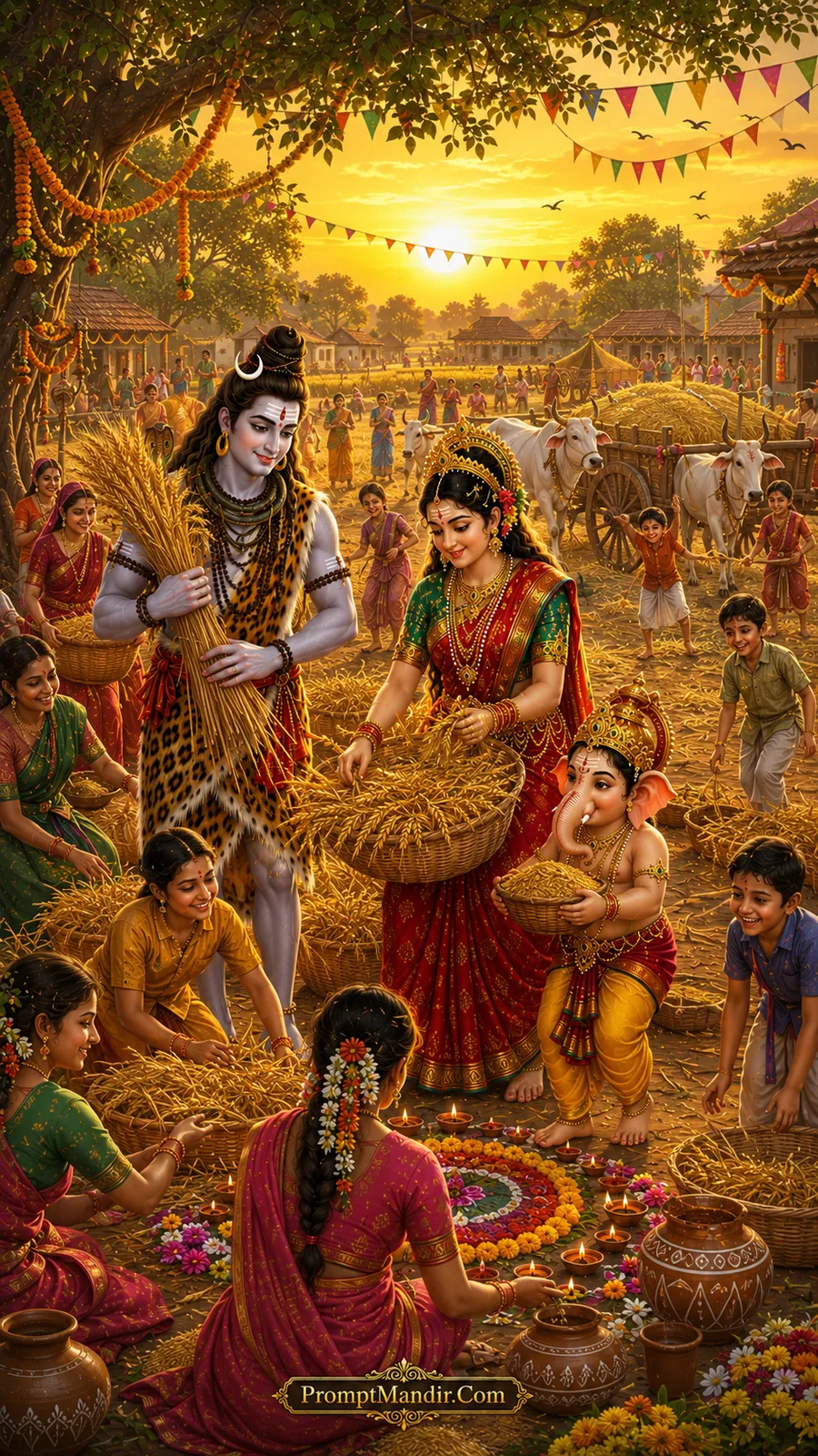 Shiva Parvati Ganesh harvest festival village life cinematic AI prompt