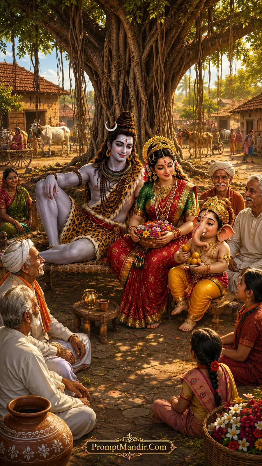 Shiva Parvati Ganesh village gathering under banyan tree AI art prompt