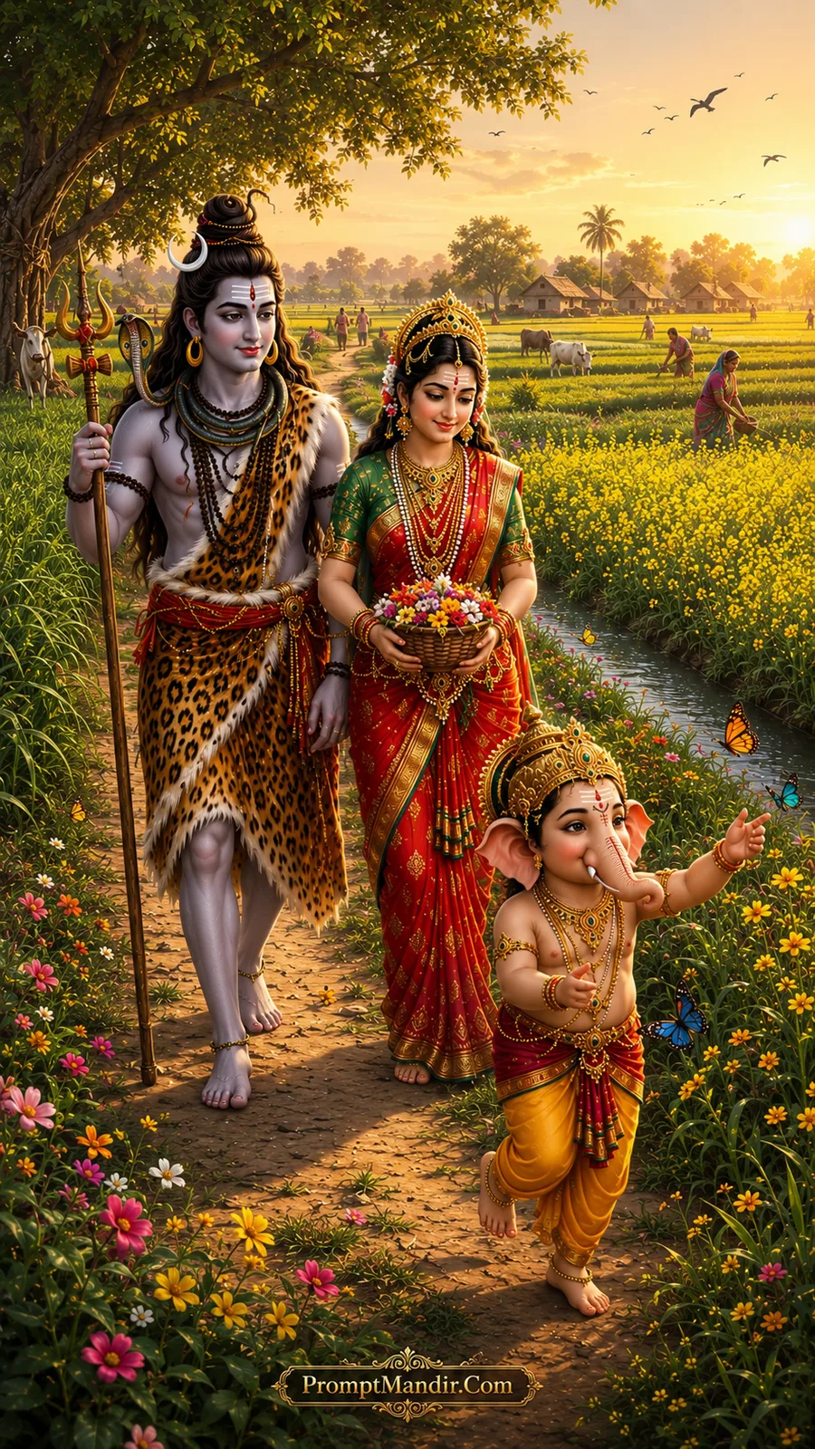 Shiva Parvati Ganesh walking through flower fields village life AI prompt