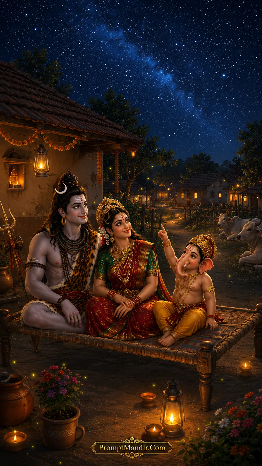 Shiva Parvati Ganesh village night sky family moment AI art